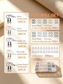 1 Box 100pcs Mixed Color Hypoallergenic Earring Hooks, 1000pcs Open Jump Rings, 200pcs Earring Backs Jewelry Making Set - 15-compartment Ear Hook Accessory Set - View 5