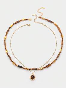 Sorayune 1pc Multi-Layer Tiger Eye Stone Pendant Necklace Set, Boho Fashion Jewelry, Best Friend Gift (Stone Color And Shape Are Random) - Multicolor - View 5
