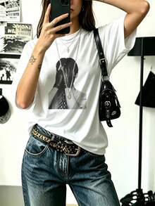 K-Pop Artist Oversized T-Shirt With Black & White Portrait, Casual & Party, Minimalist Style - White - View 8