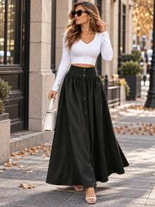 LuminousWealth-Women's Button Long Skirt, Fashionable, Versatile, Suitable For Vacation, Work, School, Christmas, Dating, Spring/Autumn New Style - Black - View 1