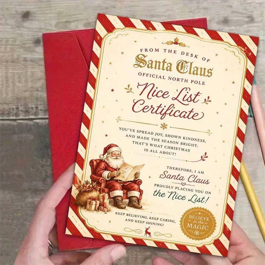 1PC Greeting Card + Envelope, Merry Christmas Card, Santa Claus Reading List "Good Child Certificate", Suitable For Gifting To Friends, Christmas Holiday Vintage Style Stationery - A - View 1
