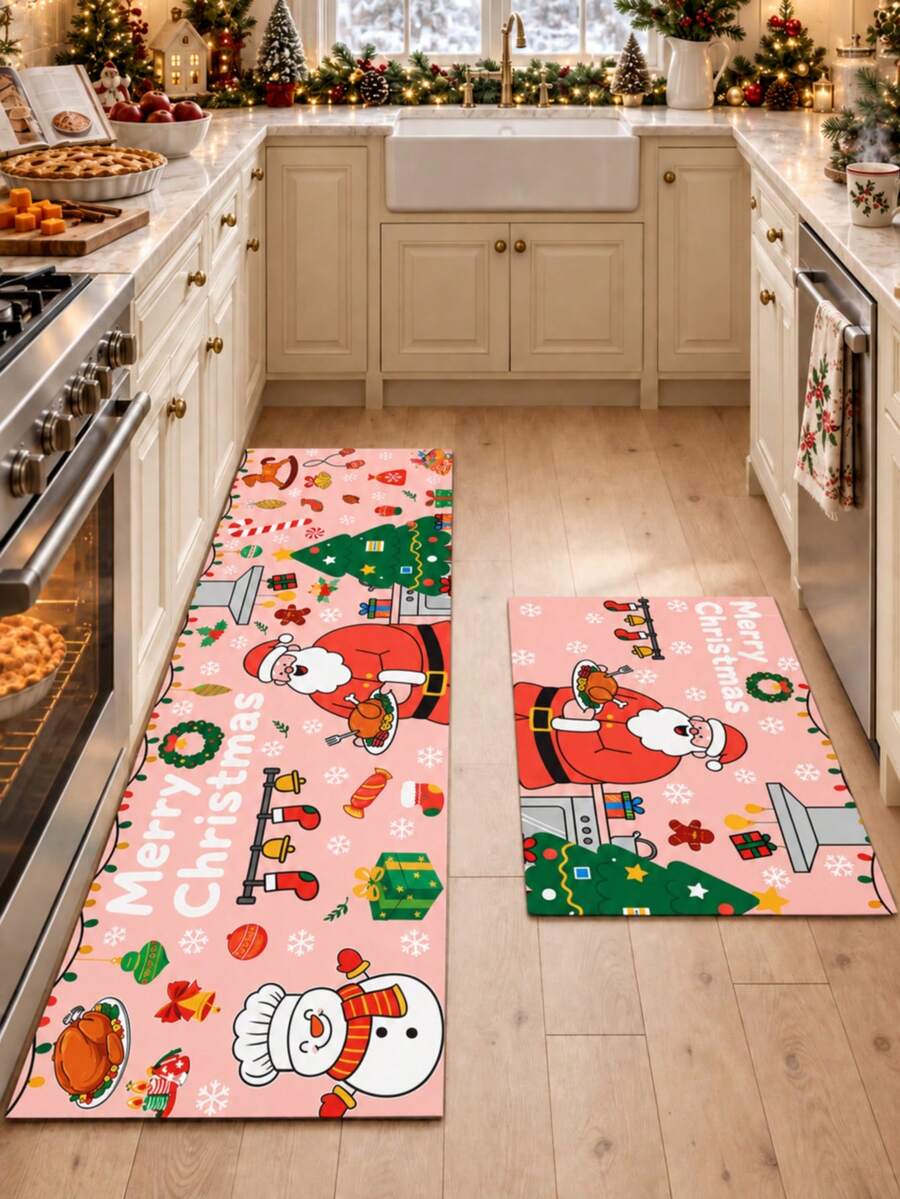 1/2pcs Christmas Kitchen Decor Rug, Santa Claus Pattern Winter Kitchen Rug And Mat, Non-Slip Washable Absorbent Kitchen Accessory Decor Mat, Christmas Holiday Gift! - Multicolor - View 1