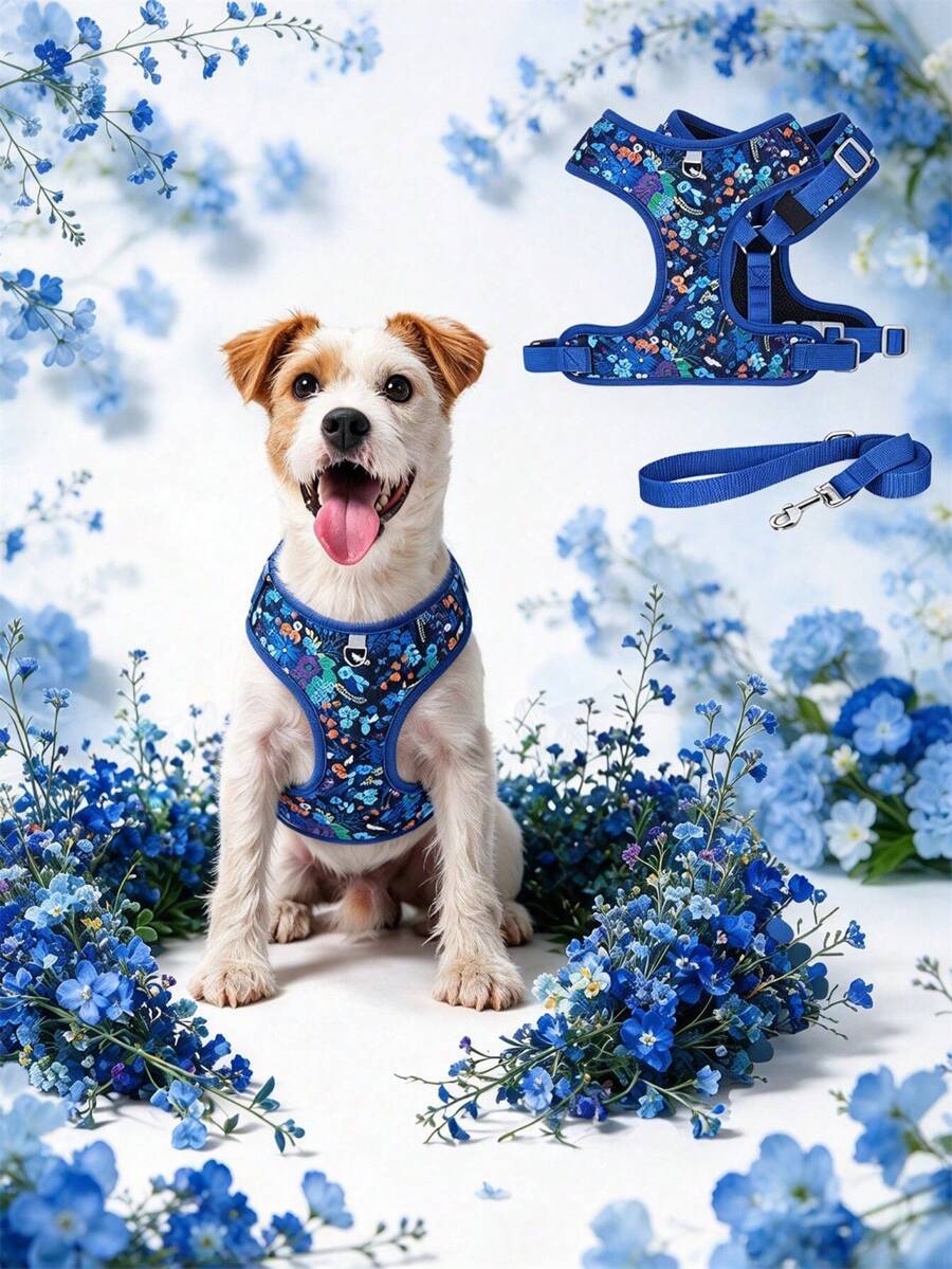 Dog Harness And Leash Set, Floral Pattern Double-Layer Breathable Mesh Vest Harness, Adjustable Soft Wear-Resistant Pet Walking Harness And Leash Set, Suitable For Small And Medium Dogs - Blue - View 1