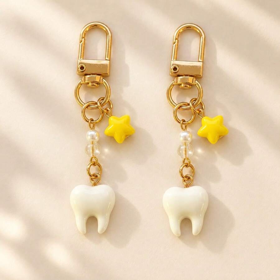 1pc/2pcs Unisex Realistic Teeth Pendant Beaded Five-Pointed Star Accessory Keychain Creative Bag Charm - Multicolor - View 1