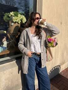 Comfortable Women's Soft Knit Hooded Cardigan, Long Sleeve Regular Hem With Buttons For Everyday Wear In Fall And Winter - Grey - View 2