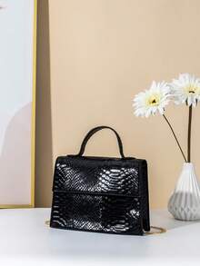 1pc Girls Vintage Snake Embossed Flap Small Square Bag, Solid Color Handbag With Detachable Chain Strap, One Shoulder Crossbody Bag - M963 - View 4