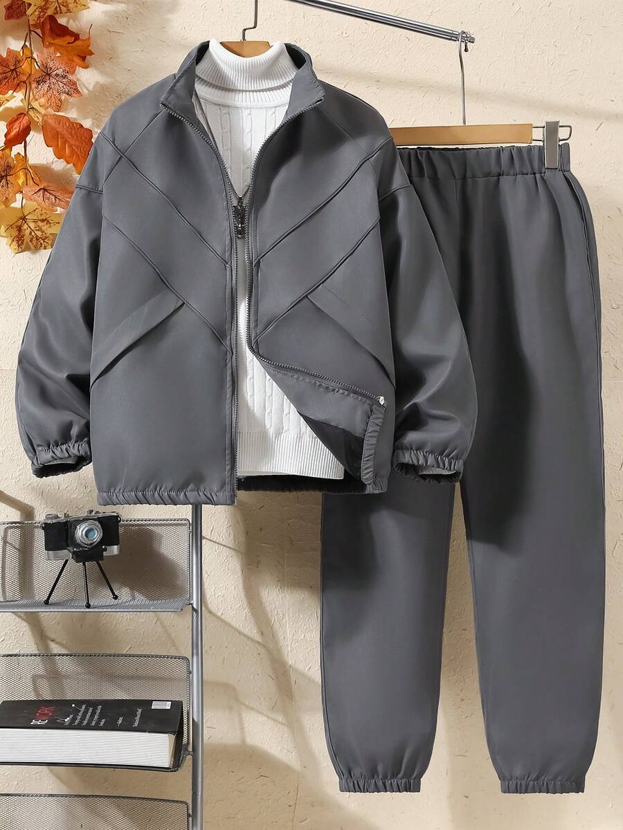Boys' Autumn/Winter Casual Fashion College Style Patchwork Long Sleeve Jacket & Jogger Pants 2 Pieces Set - Dark Grey - View 1