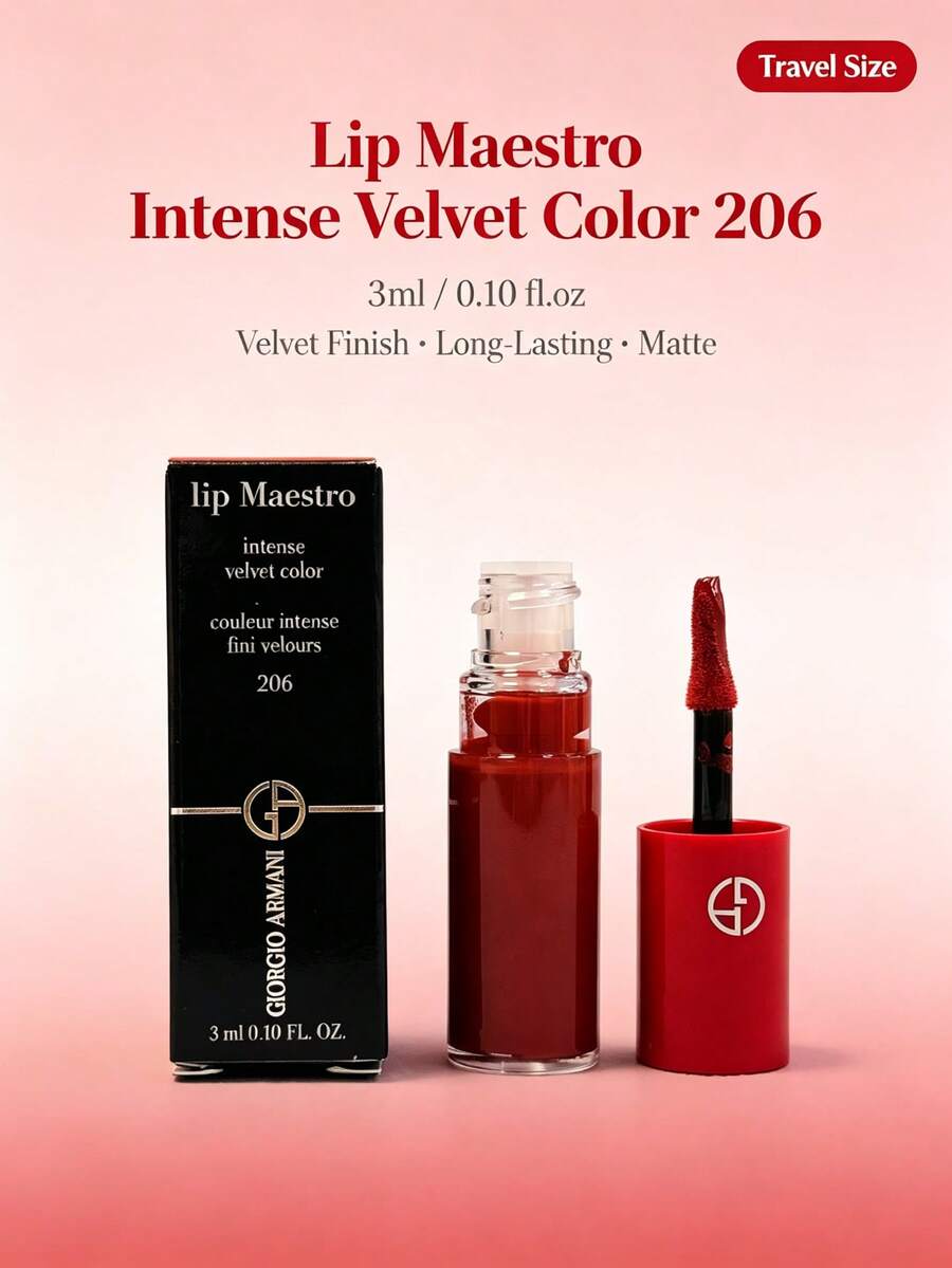 Giorgio Armani-3ml-Travel Size Red Tube Velvet Lip Glaze 206 Long-Lasting Non-Fading Matte Velvet Brightening And Color-Enhancing - Reddish Brown - View 1