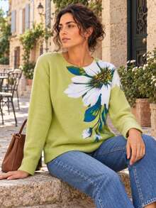 Women's Lightweight Floral Print Sweater - Multicolor Flower Pattern, Casual Crew Neck Long Sleeve Top Fall Vacation - Green - View 2