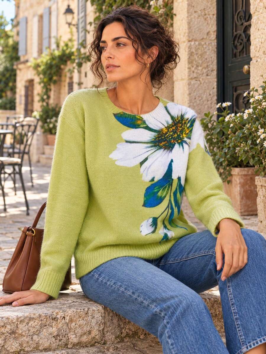 Women's Lightweight Floral Print Sweater - Multicolor Flower Pattern, Casual Crew Neck Long Sleeve Top Fall Vacation - Green - View 1