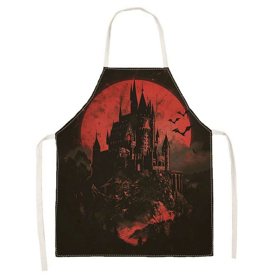 1 buah Celemek Pesta Kastil Vampir Halloween - Desain Tanpa Lengan Leher Halter dengan Pola Dekoratif Bulan Merah Darah, Kastil Berduri, dan Kelelawar Terbang, Cocok untuk Memasak di Dapur, Membersihkan Rumah, dan Pesta Halloween, Dekorasi Rumah, Celemek Suasana, Perlengkapan Rumah Tangga Sehari-hari yang Menyenangkan, Hadiah Liburan yang Menyenangkan - MultiWarna - View 1