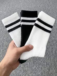 Kit 3 Pares Meias Masculinas Nova Era Cano Alto Algodão Esportiva Listrada 39 ao 43 - Preto e Branco - Visão 1