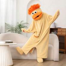 1pc Red Cartoon Monster Plush One-Piece Hooded Pajamas, Blue Hair, Soft Fleece Teenager Loungewear Set - Multicolor - View 9