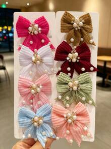 8件組兒童甜美珍珠布藝蝴蝶結髮夾，適合日常上學佩戴，可愛時尚實用百搭，小女孩完美禮物 - 紅色 - 查看 1