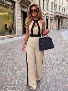 AIJ Women's Autumn Apricot Color Contrast Halter Neck Jumpsuit, Front Cutout, Textured Fabric, Wide Leg Slim Fit Elegant Jumpsuit, Casual Daily, Commute, Party Nightclub Outfit - Apricot - View 3