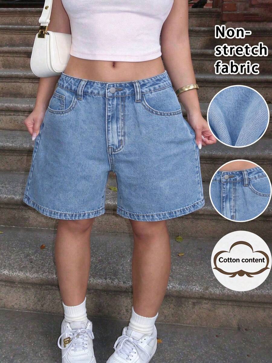 Plus Size Women's Solid Color Bermuda Denim Shorts Casual Summer