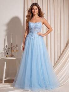 Spaghetti Strap Lace Prom Dress, Banquet Dresses Elegant Fall Wedding Party - Mint Blue - View 2