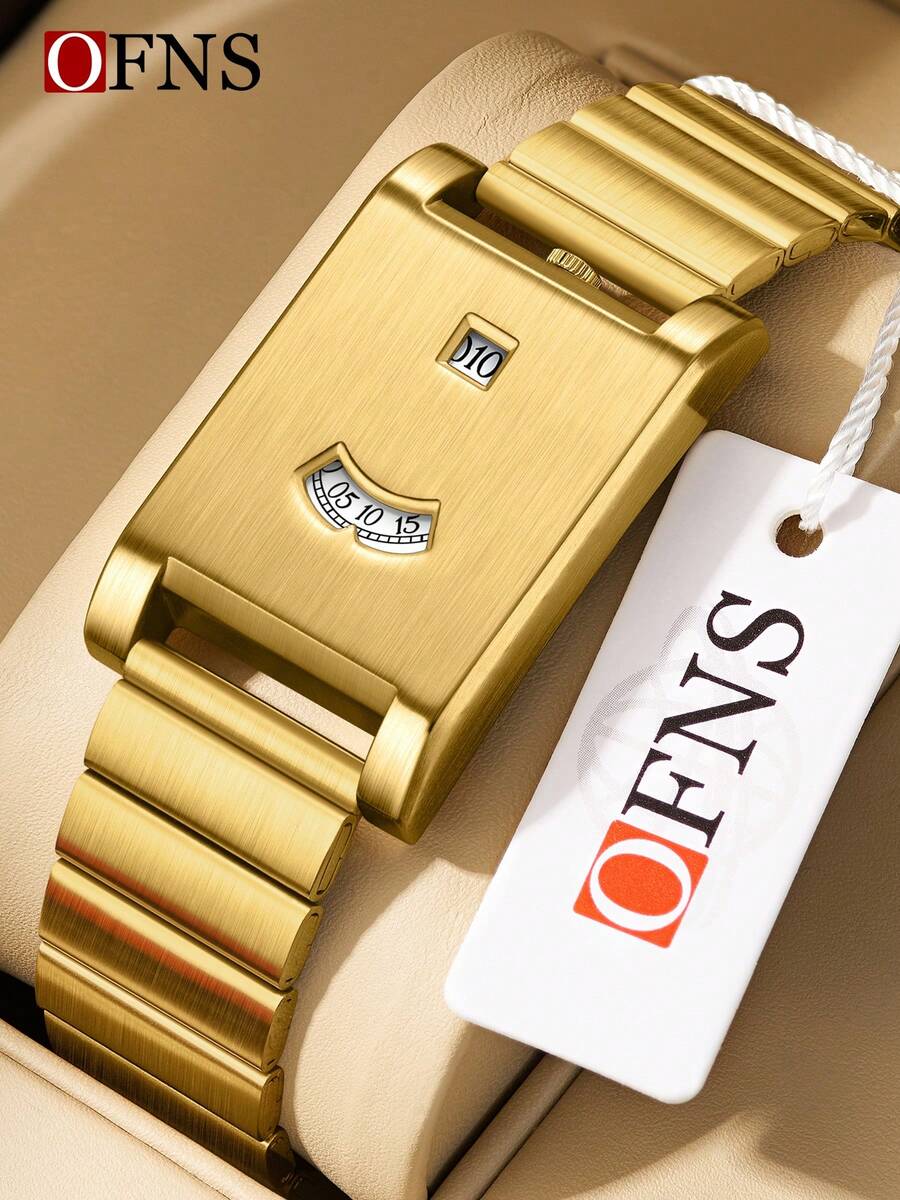 New Arrival Fashion Men's Quartz Watch Creative Design Wristwatch Simple Strap Business Watches For Man Metallic Square Dial OFNS 1803 - Golden - View 1