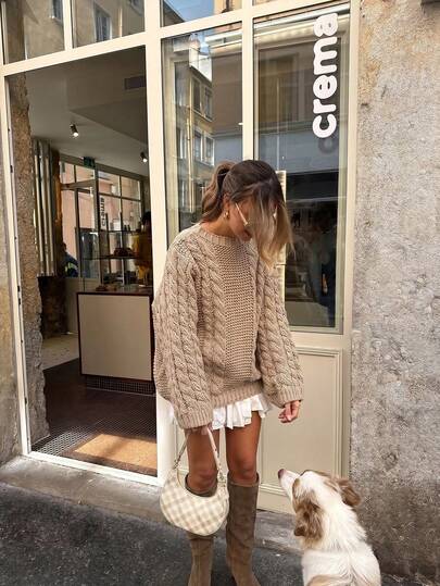 Senya 2026 Women's Chunky Cable Knit Sweater, Beige Round Neck Loose Pullover, Textured Loose Fit Long Sleeve Comfortable Casual Autumn/Winter Top