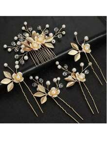 5pcs/Set Gold Leaf Handmade Pearl Hair Comb Hair Pin Bridal Wedding Evening Party Hair Accessories Set - Gold - View 2