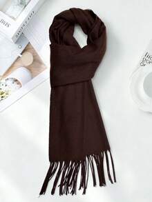 1pc Solid Color Scarf, Unisex Knitted Tasseled Warm Long Scarf, Versatile Boyfriend Gift, Neck Warmer, Blanket, Autumn/Winter - Dark Brown - View 4