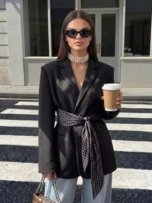 Women's Fashion Versatile Black Polyester Long Sleeve Blazer With Polka Dot Belt Design, Suitable For Daily Commute, Travel, Streetwear, Perfect For Elegant Autumn/Winter Outfits - Black - View 1