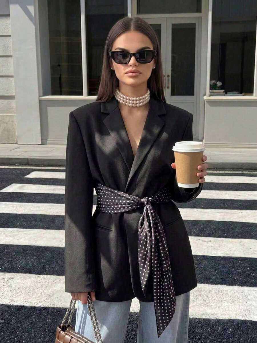 Women's Fashion Versatile Black Polyester Long Sleeve Blazer With Polka Dot Belt Design, Suitable For Daily Commute, Travel, Streetwear, Perfect For Elegant Autumn/Winter Outfits - Black - View 1