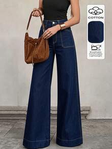 New Elegant Elegant Button Detail Design Straight Leg Jeans, Mid-Stretch Long Casual Style Suitable For Multiple Occasions - Deep Blue - View 2