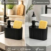 Dispenser Sabun Cair Beralur dengan Tempat Penyimpanan Spons dan Sikat, Organizer Wastafel Vertikal 3-in-1, Botol Pompa Sabun Cuci Piring Cair untuk Wastafel Kamar Mandi dan Dapur - A - View 6