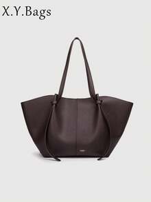 Large Capacity Solid Color PU Leather Soft Long Strap Minimalist Elegant French Style Women's Tote Bag, Suitable For Daily Office Commute - Coffee - View 12