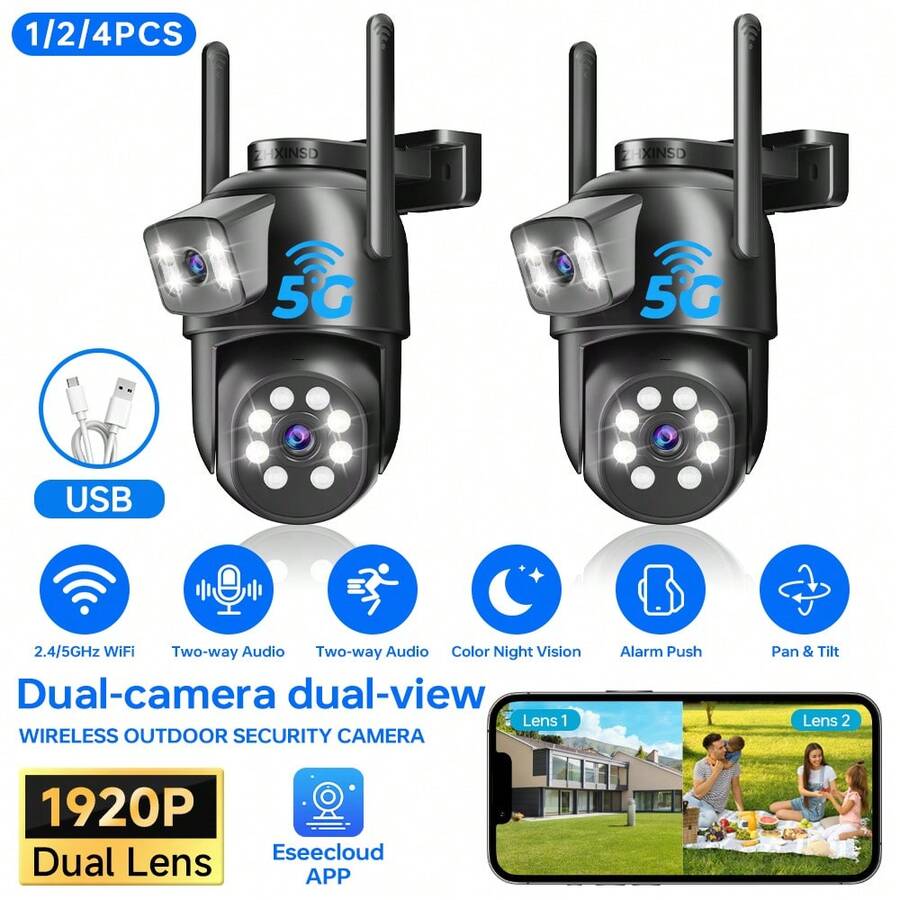 ZHXINSD 1/2PCS Dual Lens Wireless Security Camera, Smart 2.4G/5G WiFi Camera,4MP Security Surveillance Camera For Home Outdoor ,Auto Tracking,2-Way Audio, Color Night Vision, IP65, Human Tracking & Detection - Black - View 1