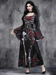 Gothic Skull Rose Long Dress, Bell Sleeve Lace Trim Knit Dress, Witch Style Halloween Costume - Black - View 6
