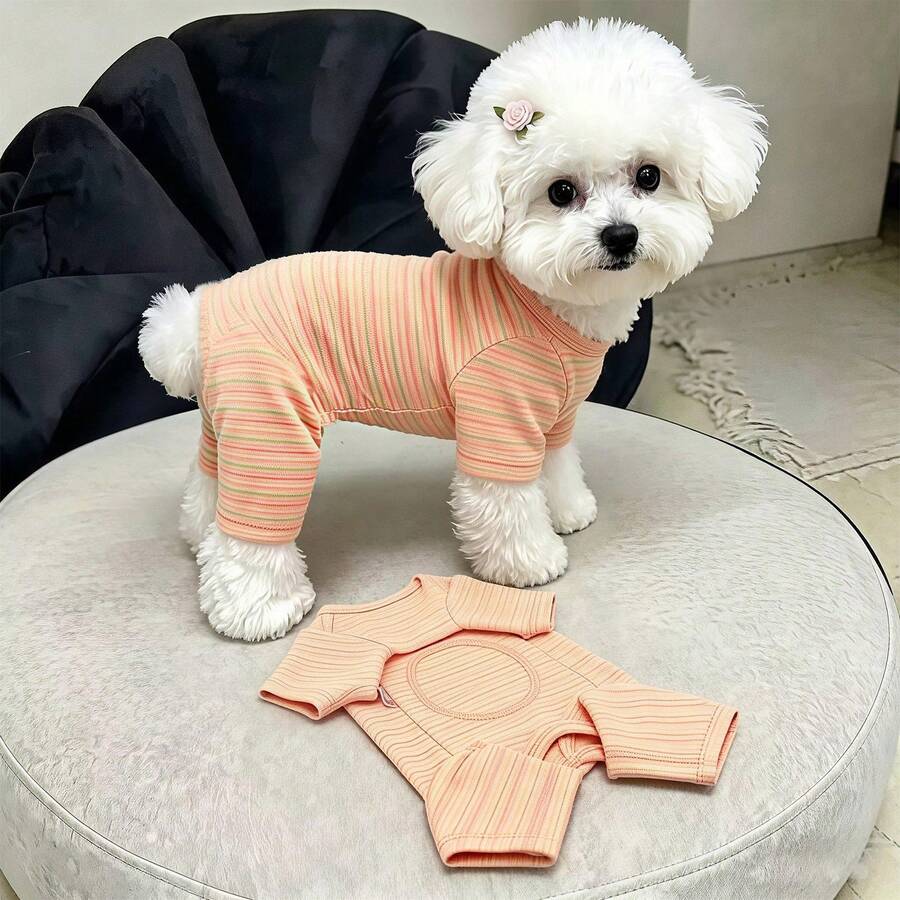 1pc Cute Pet Jumpsuit, Autumn/Winter Orange Striped Cat & Dog T-Shirt, Soft & Comfortable Pet Clothes, Suitable For Teddy Poodle And Other Small To Medium Pets - Orange - View 1