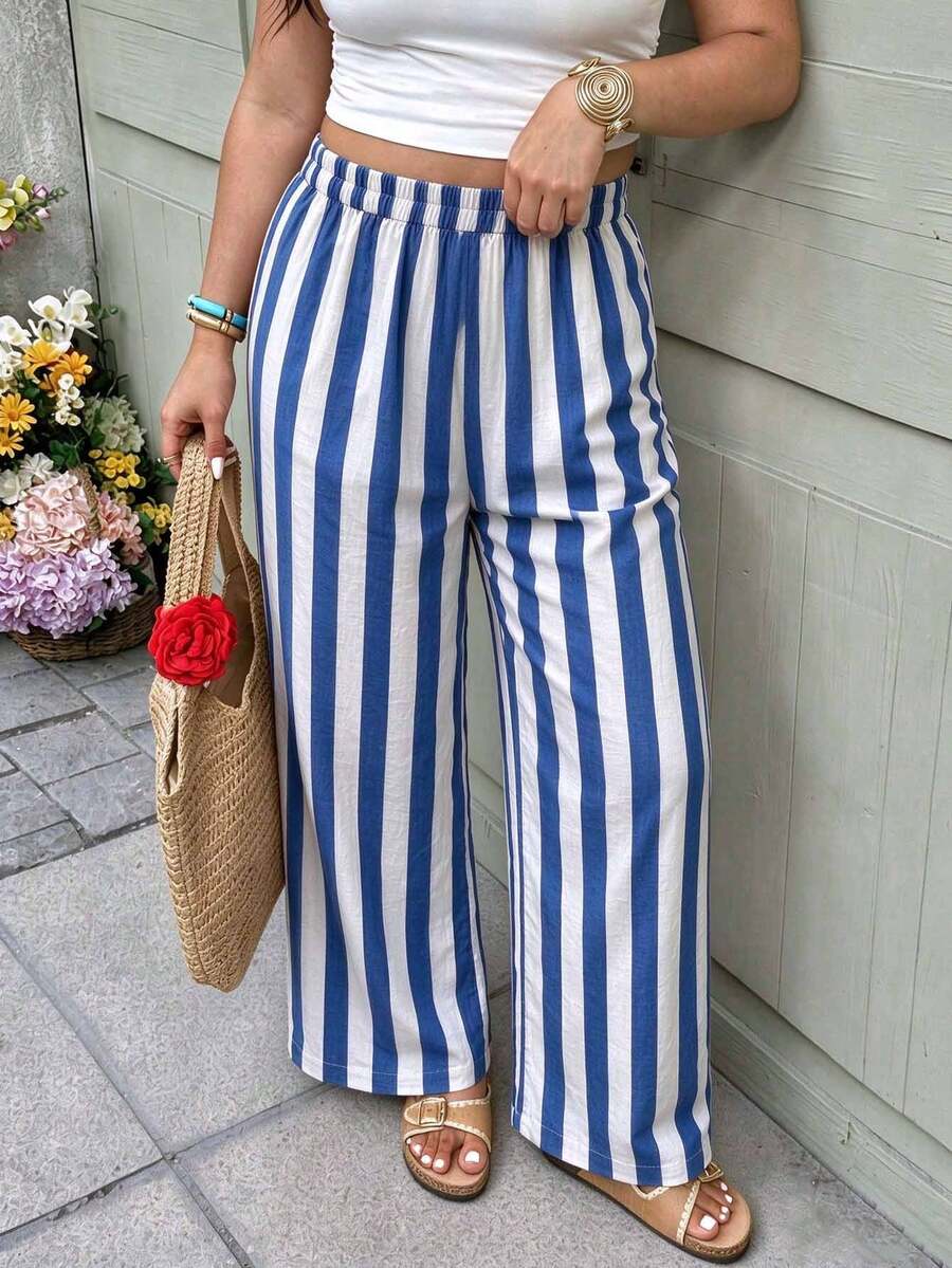 Women's Casual Striped Straight Leg Loose Fit Long Pants, Suitable For Summer Vacation And Daily Wear, Spring Blue - Blue - View 1