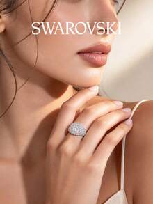 Swarovski Meteora Ring, Dome-Shaped Fully Pave Crystal Rhodium-Plated Silver Signet Ring, Women's Luxury Jewelry, Birthday Holiday Gift - Silver - View 3