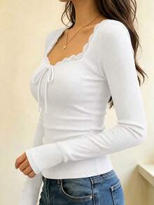 2pcs Women's Lace Trim Square Neck Long Sleeve Ribbed Knit Tops, Front Tie Slim Fit Black & White Casual Basic Shirts, Suitable For Autumn, Winter, Spring And Daily Wear - Black - View 6