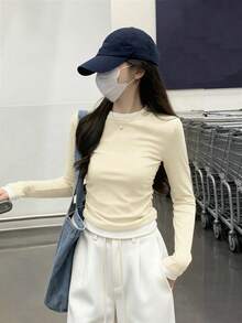 女款春季圓領拼接設計 2 合 1 百褶百搭長袖 T-shirt 上衣 - 杏色 - 查看 1