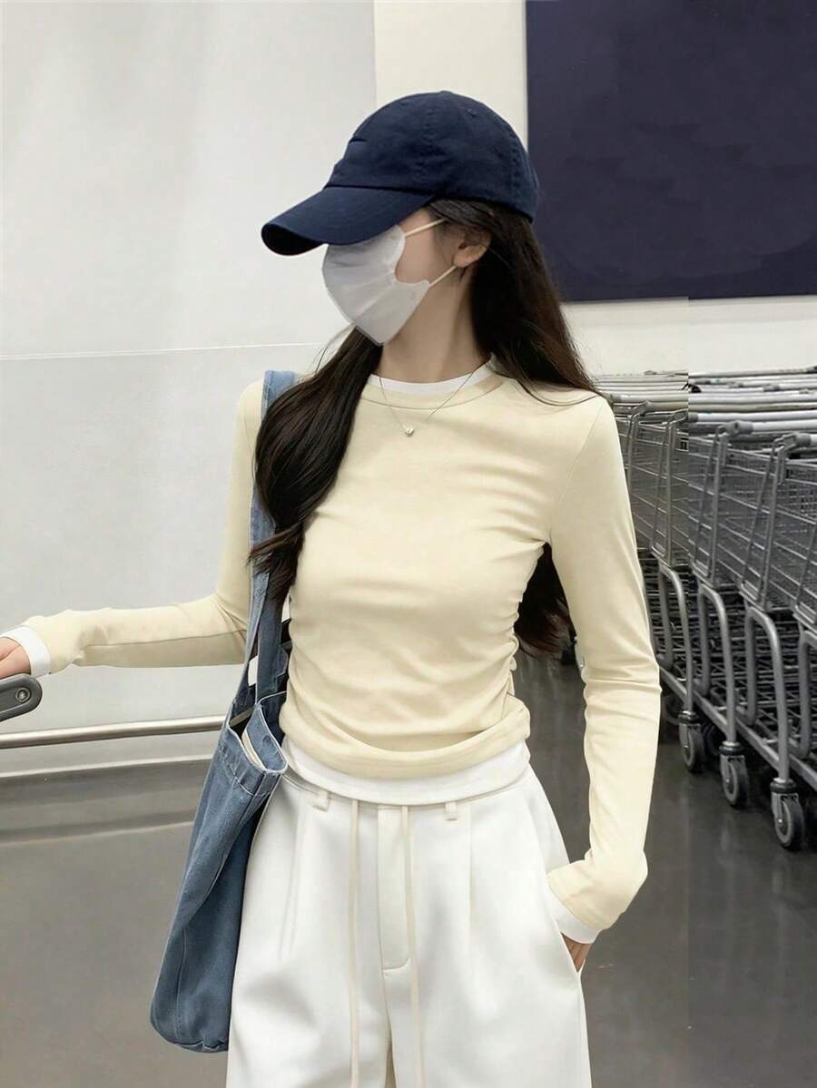 女款春季圓領拼接設計 2 合 1 百褶百搭長袖 T-shirt 上衣 - 杏色 - 查看 1