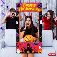 2D Flat Banner, 1pc, Halloween Theme Photo Prop, Polyester Material, Colorful Playful Design With Ghost And Witch Elements, Suitable For Indoor And Outdoor Home Use - Style 1 - View 4