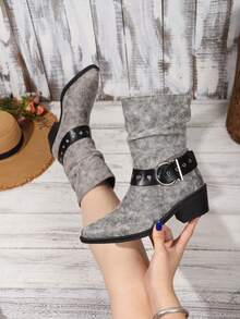 Sepatu Bot Koboi Wanita Model Slip-On dengan Ujung Lancip dan Hak Tebal, Bukaan Lebar, dan Gesper, Panjang Setengah Betis - Grey - View 6