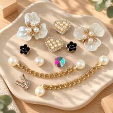 13pcs Gold Pearl Hollow Shoe Charms, ABS Flower Heart Rhinestone Chain Shoe Decorations, DIY Shoe Accessories For Women And Girls - Gold Pearl Flower Style - 13PCS - View 3