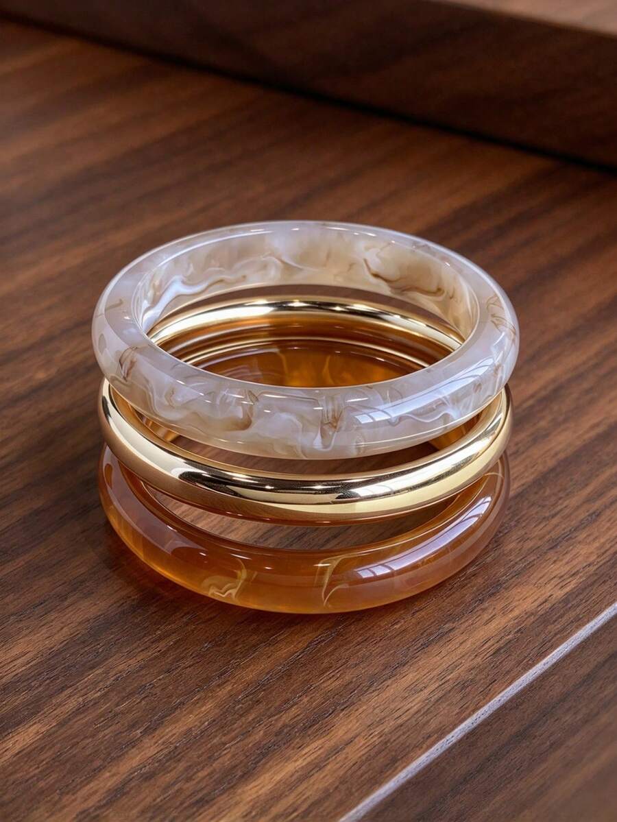 3pcs Vintage Boho Style Thick Multi-Layer Brown Acrylic Bangle Bracelets, Luxury High-End For Women, Couples, Party, Daily Wear, Aesthetic