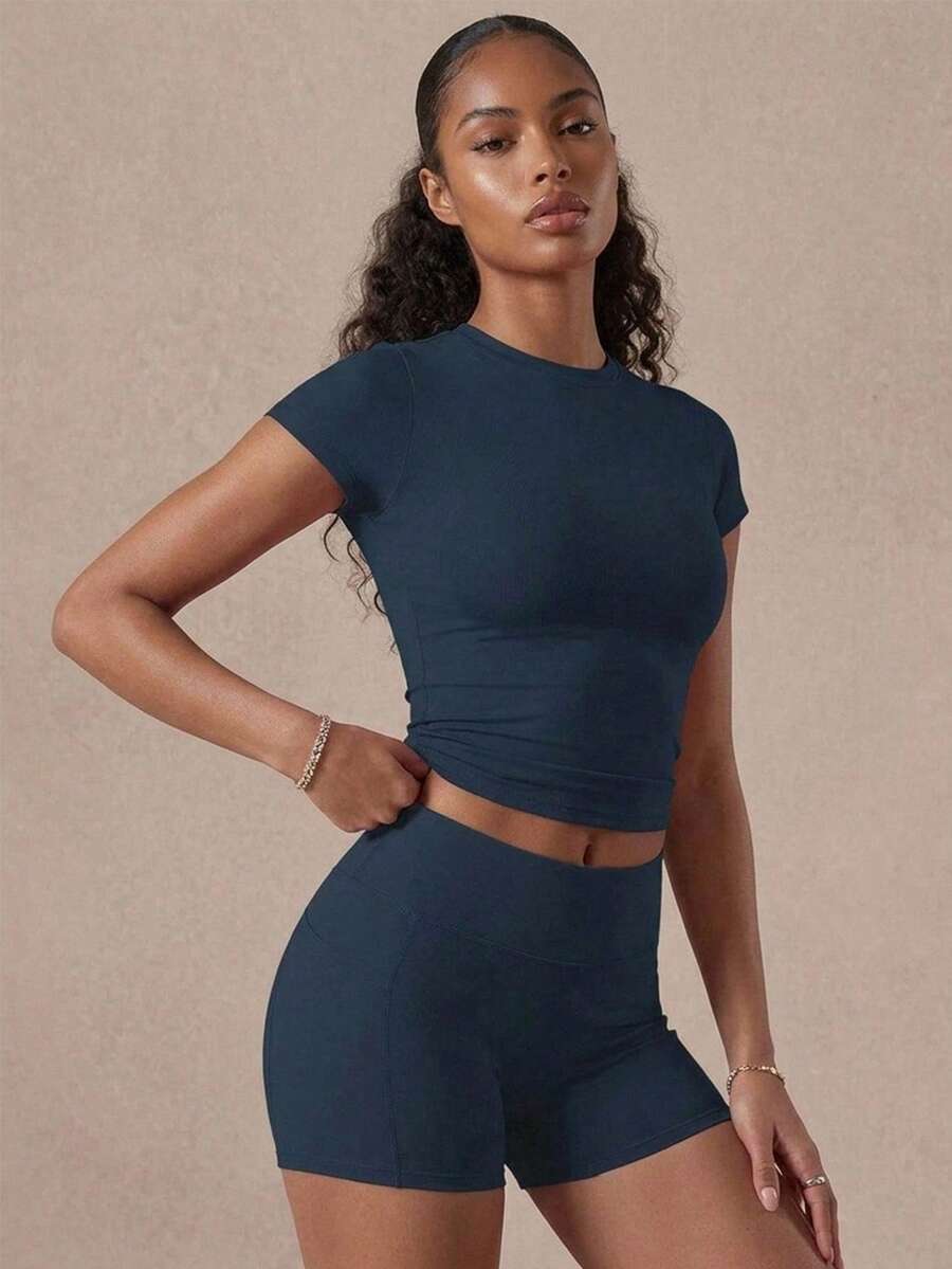 2pcs Badge Blue Sports Set, Solid Color Crew Neck T-Shirt & High Waist Sports Shorts With Pockets, Athleisure Summer - Navy Blue - View 1