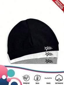 1pc Unisex Y2K Style Printed Star Elastic Beanie Hat, Brimless Knit Cap, Suitable For Autumn/Winter Outdoor, Casual Versatile Winter Cold Weather Hat For Daily Commute - Print - View 1