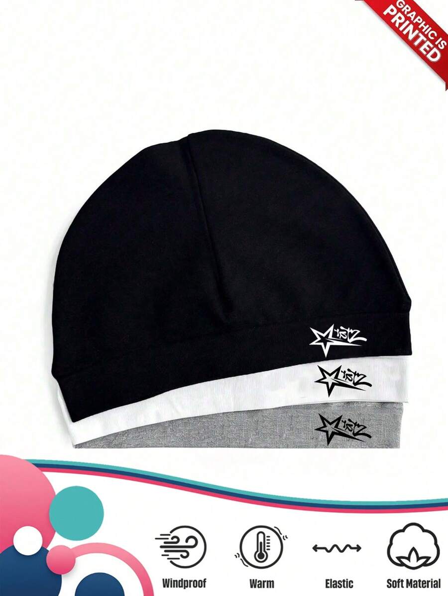 1pc Unisex Y2K Style Printed Star Elastic Beanie Hat, Brimless Knit Cap, Suitable For Autumn/Winter Outdoor, Casual Versatile Winter Cold Weather Hat For Daily Commute - Print - View 1