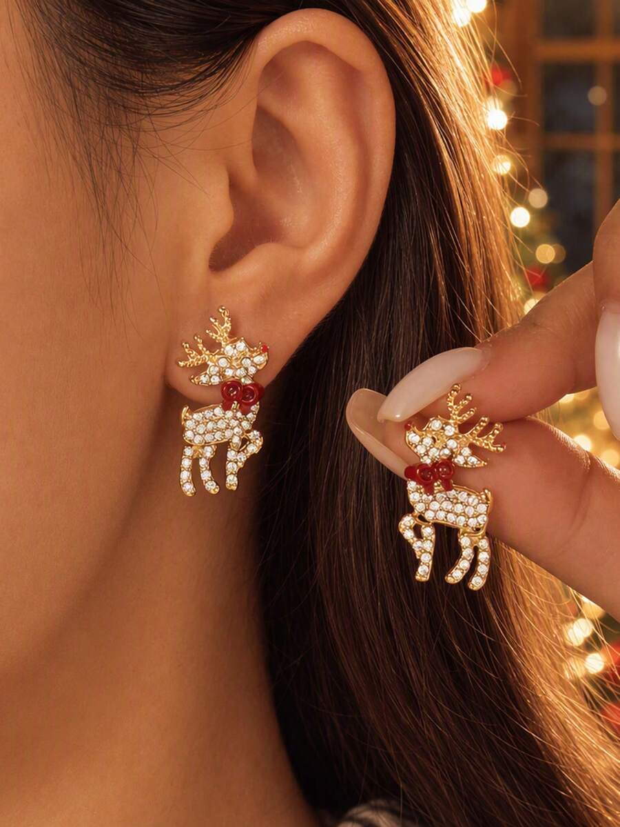 Set 4 buah Anting Tusuk Berlian Imitasi Santa Claus & Rusa Natal - beraneka warna - View 1