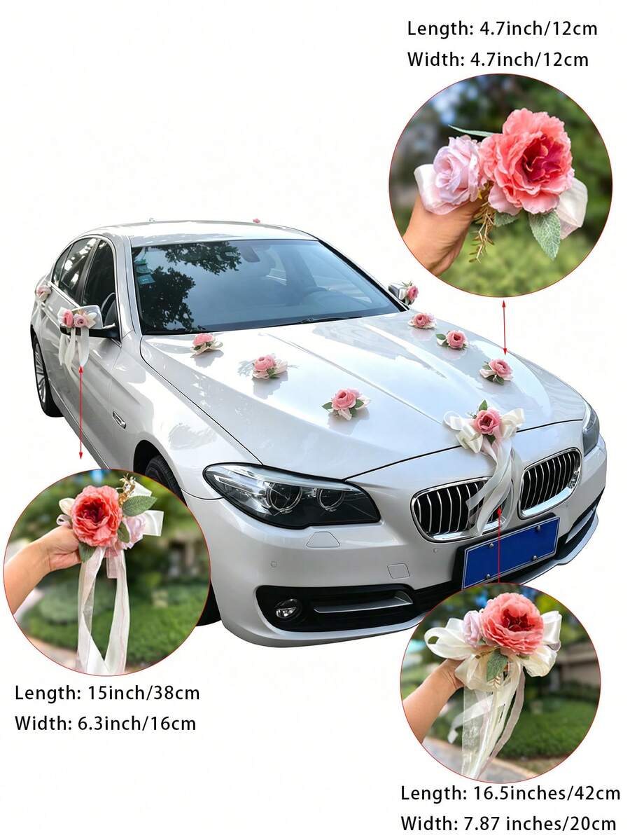 13pcs Large Rose Flowers (With Suction Cups) Car Decoration, Suitable For Wedding Rearview Mirror Decor, Ribbon Gifts, Home Wedding Party Aisle Chair Back Decoration - 13pcs Car Flower - View 1