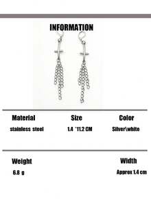 1pair Stainless Steel Inverted Cross Chain Tassel Dangle Earrings, Punk Gothic Unisex Long Drop Earrings, Edgy Dark Aesthetic Earring For Men Women - Silver - View 7