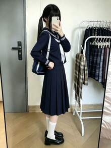 1 bộ trang phục hóa trang đồng phục JK phong cách học đường Nhật Bản dễ thương ngọt ngào, màu xanh navy, cổ thủy thủ, phù hợp cho biểu diễn tiệc lễ hội, dùng cho mọi dịp lễ, quà tặng Valentine, mặc hàng ngày và ngày lễ - Xanh đậm - Xem 5