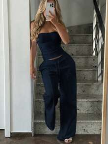 GLAMSKIN 2pcs Set Autumn Outfit Slim Sexy Strapless Crop Top Basic Tank Fashion Solid Color Elastic Fitted Yoga Bandeau Top, Spring/Summer Long Pants Set - Navy - View 1